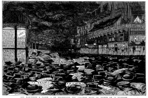 Eine Schwarz-Weiß-Illustration einer Menschenmenge auf einer Stadtstraße, mit einem Gebäude auf der rechten Seite und einem Baum im Hintergrund, Text unten lautet "Les élections à Paris, le boulevard des italiens dans la soirée du 16 octobre 1885".