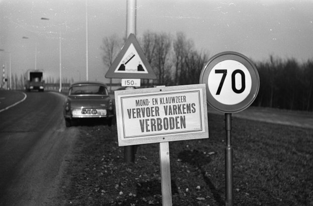 Schwarzes und weißes Foto eines Tempolimitschildes am Straßenrand mit einem vorbeifahrenden Auto, Bäumen, Strommasten und einem klaren Himmel im Hintergrund.