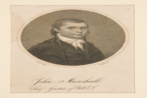Ein Porträt von John Marshall, dem Chief Justice der Vereinigten Staaten, mit Text unten.