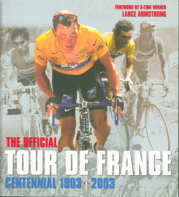 Offizielles Tour de France-Jubiläumsplakat (1903-2003) mit einer Gruppe von Radfahrern und begleitendem Text.