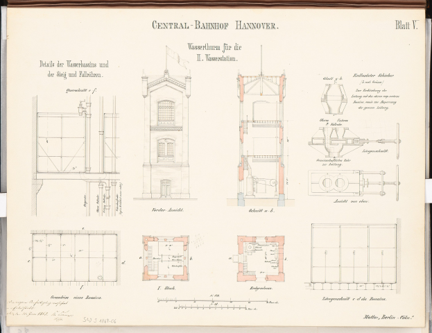 Ein Buchumschlag mit einem detaillierten architektonischen Zeichnung des Central Bahnhof Hannover-Gebäudes, das sichtbare Fenster, Türen und andere strukturelle Elemente zeigt, zusammen mit Texten über das Gebäude-Design.