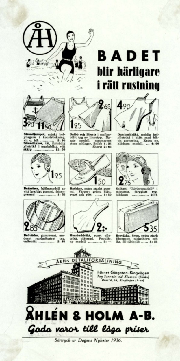 Frau in einem weißen Bikini mit blauen und weißen Streifen, mit einem Pferdeschwanz, direkt in die Kamera schauend, umgeben von Bildern von Menschen, Gebäuden und fetter Schrift.