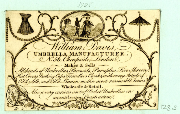 Schwarze und weiße Visitenkarte mit William Davis, einem Schirmhersteller, und Textbeschreibung des Unternehmens.