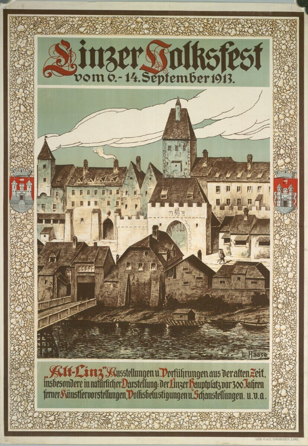 Alter Plakatwerbung für ein Festival in Deutschland, das ein Schloss zeigt, das von Häusern umgeben ist.