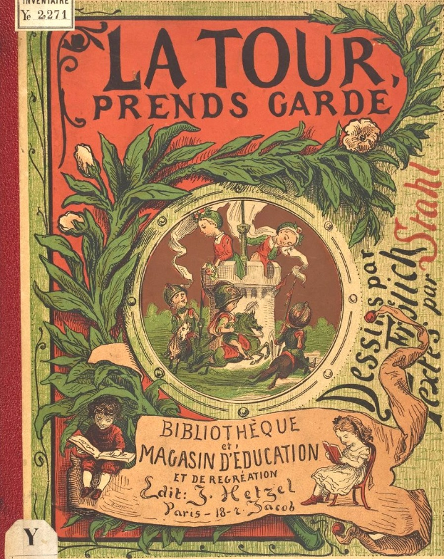 Buchumschlag mit dem Titel 'La Tour Prends Garde', der Kinder zeigt, die in einem farbenfrohen Garten mit saftigen grünen Blättern und bunten blühenden Blumen spielen und lachen.