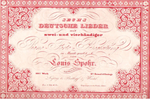 Old German stock certificate titled 'Louis Spohr - Second Deutsches Lieder' with a red border and white background.