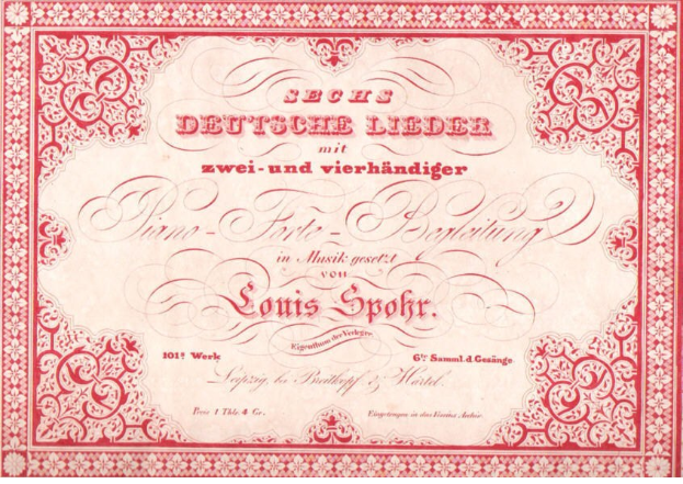 Old German stock certificate titled 'Louis Spohr - Second Deutsches Lieder' with a red border and white background.