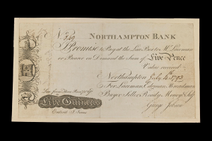 Ein alter Banknote aus Northampton mit einem Porträt eines Mannes und gedrucktem Text, der Informationen über die Bank enthält.