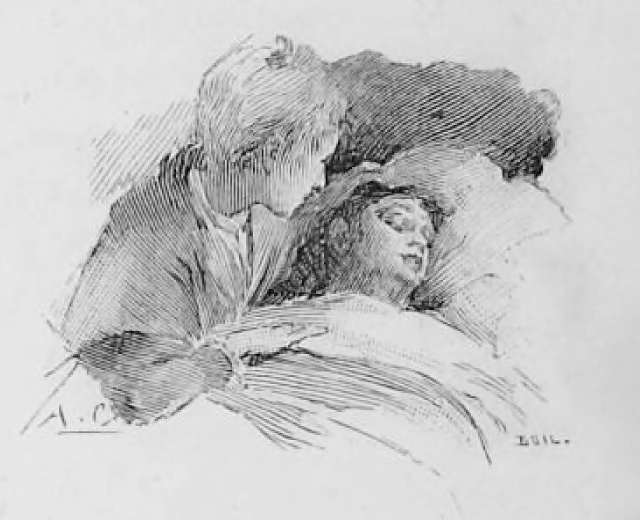 Eine Schwarz-Weiß-Zeichnung eines Mannes in einem Anzug und einer Frau mit geschlossenen Augen auf einem Bett liegend, mit dem Arm des Mannes um ihre Schulter und Text unten.