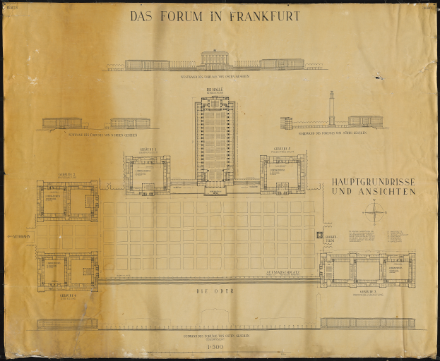 Ein Blatt Papier mit einer Zeichnung eines Gebäudes, das als Forum in Frankfurt identifiziert wurde, vor einem schwarzen Hintergrund.