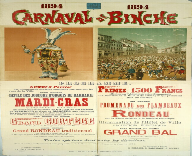 Ein Vintage-Plakat, das ein Karneval in Banche, Frankreich, bewirbt, mit Illustrationen von Menschen, Gebäuden und Text.