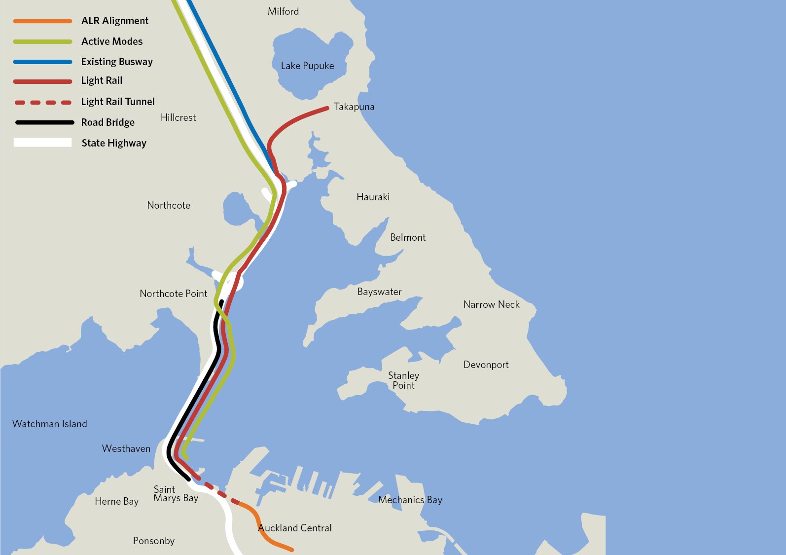 Detailierte Stadtkarte mit einer roten Linie, die die vorgeschlagene Bahnroute markiert, einschließlich Haltestellen und Umgebung mit Textbeschriftungen für Städte und Entfernungen.