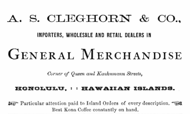 Ein schwarz-weißes Papier mit der Aufschrift "A.S. Cleghorn & Co. Importeure, Groß- und Einzelhandelsgeschäft für Allgemeine Handelswaren"