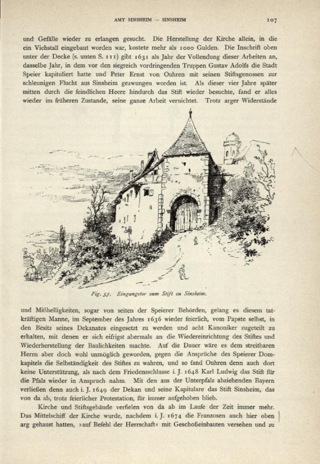 Ein altes Buch mit einer Zeichnung eines Schlosses umgeben von Bäumen und Pflanzen, mit der Inschrift "Ant Sinsheim - Die Herstellung der Kirche allein, in die Viehstell Gebäude eine Geburtstag, die 1000 Gülden die Inschrift oben".