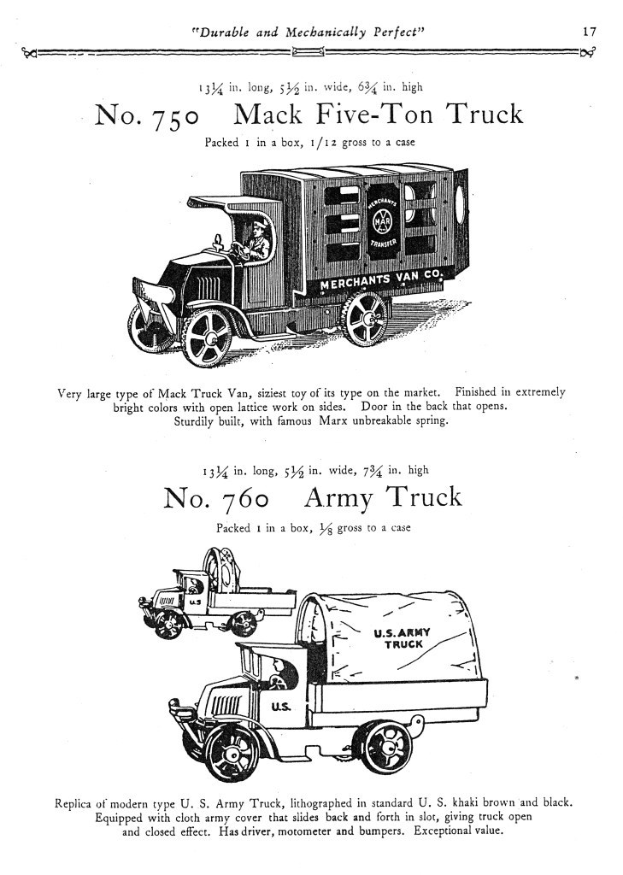 Werbung für einen Mack Fünf-Tonnen-Lkw mit einer Zeichnung des Fahrzeugs mit einem großen rechteckigen Körper, Anhänger mit flachem Boden und einem einzelnen Vorderrad, umgeben von schwarzem, fetten Text mit der Aufschrift "Mack Fünf-Tonnen-Lkw."