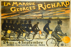 Plakat für ein Fahrradrennen in Paris, Frankreich, mit einer Gruppe von Radfahrern vor dem Eiffelturm und Text, der das Ereignis beschreibt.