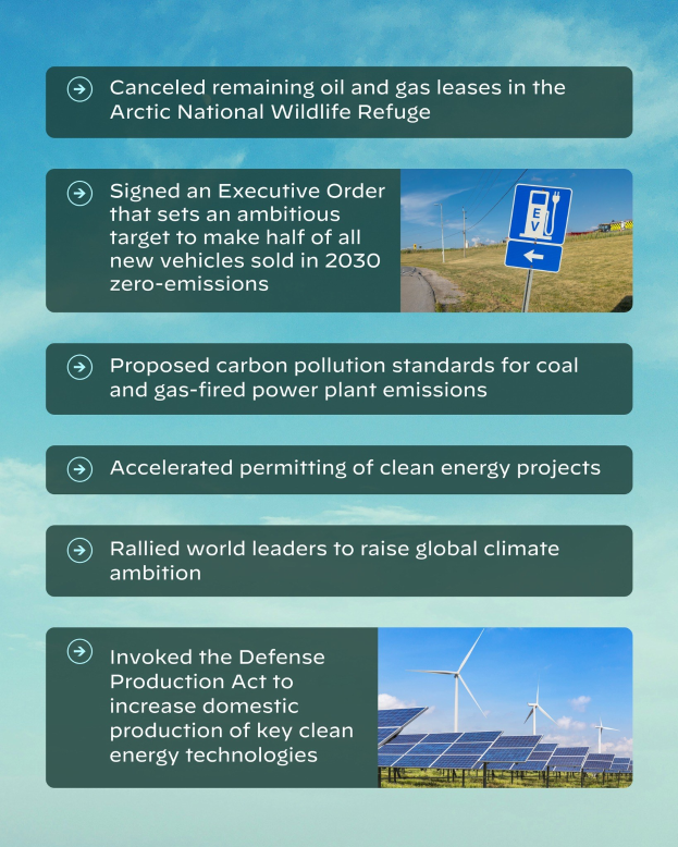 Plakat mit dem Text "Abgesagte verbleibende Öl- und Gasförderlizenzen im Arctic National Wildlife Refuge" mit Bildern von Solarpanelen, Windrädern und einem bewölkten Himmel.