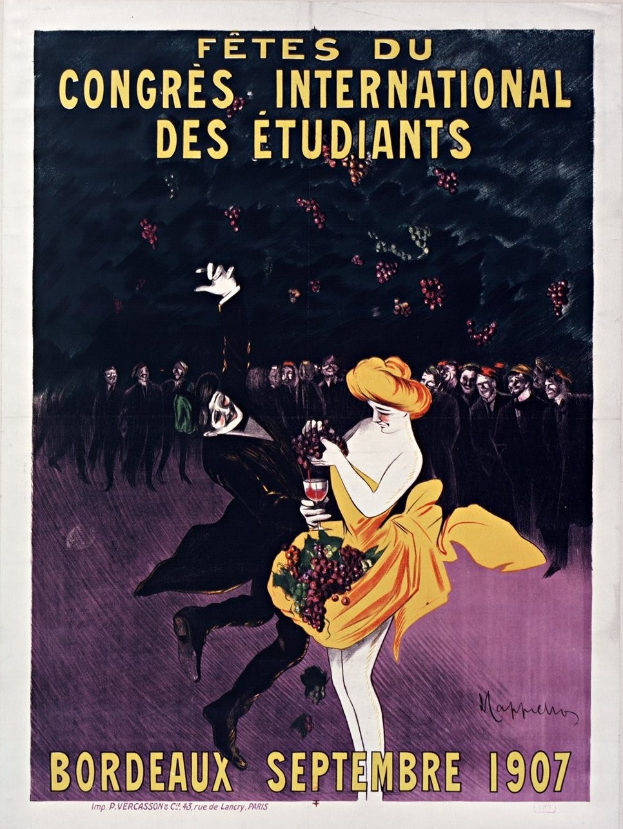 Plakat aus dem Jahr 1907, das eine Weinprobe in Bordeaux, Frankreich, ankündigt, mit einer Frau in einem gelben Kleid, die ein Weinglas hält, umgeben von einer Menge, mit Text, der das Ereignis beschreibt.