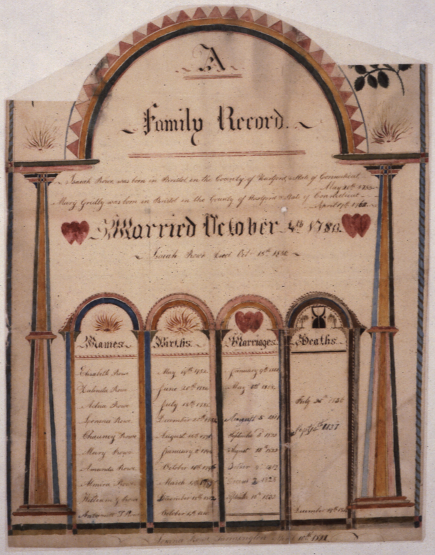 Ein 17. Jahrhundert Familienscheintuch mit detaillierten Designs und Text, der Heiratsinformationen enthält.