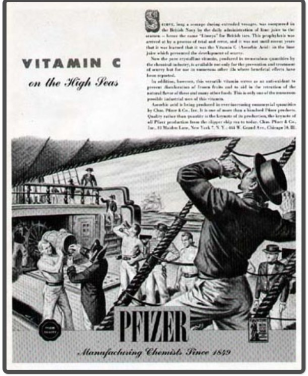 Werbung für Pfizer Vitamin C auf einem Schiff, zeigt Text, Menschen, Seile und ein Schiff.