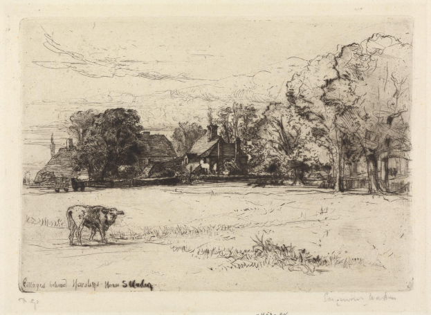 Eine Zeichnung eines Bauernhofs mit einer Kuh, die im Vordergrund grast, umgeben von Bäumen und Häusern im Hintergrund, mit der Inschrift "Cottages near Harlep, House S. Madigan" unten.