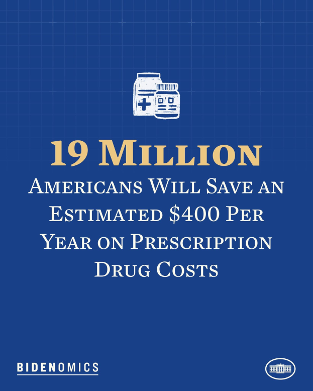 Blauer Hintergrund mit weißer Schrift und einem Logo mit der Aufschrift "19 Millionen Amerikaner werden schätzlich 400 Dollar pro Jahr an Arzneikosten sparen."