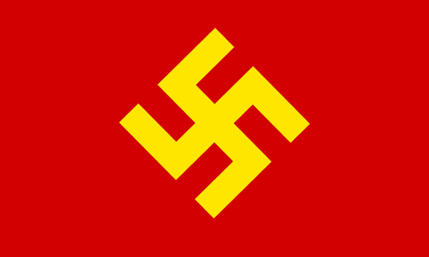 Roter Hintergrund mit einem gelben Hakenkreuzsymbol der NSDAP in der Mitte.