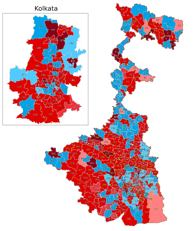 Eine Karte von Kolkata, Indien, farblich codiert nach dem prozentualen Anteil der Menschen in jedem Gebiet, mit der überschrift "Kolkata Wahl-Ergebnisse" oben.
